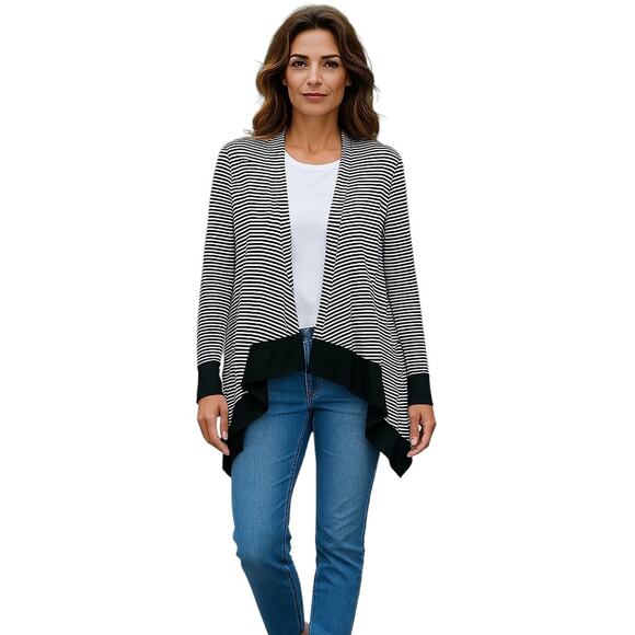 Premise Sweaters - Premise Studio Black White Stripe Long Sleeves Draped Hem Open Front Cardigan 1X